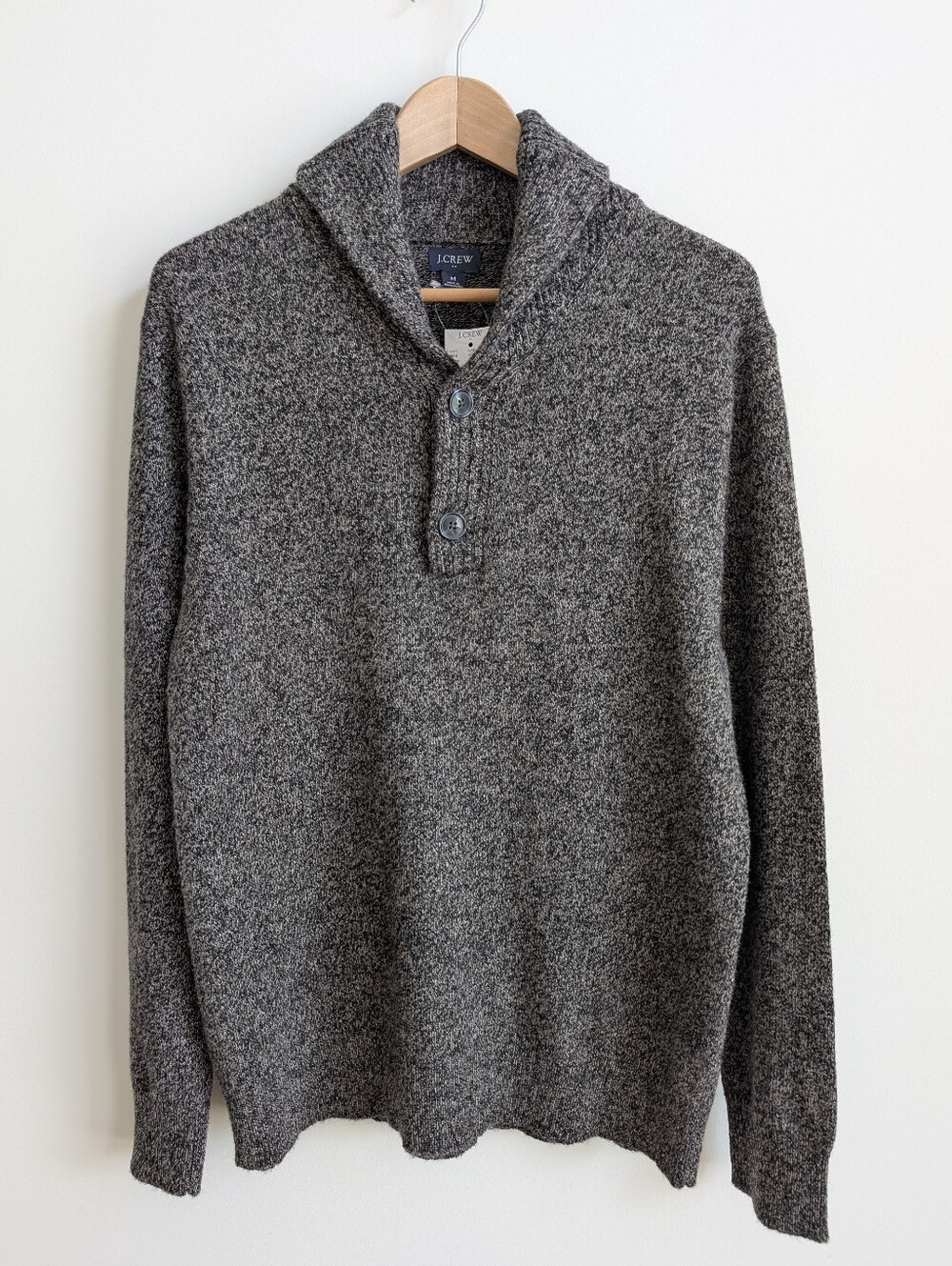 NWT J. Crew Men's Lambswool Blend Shawl Collar Sweater Medium Marled Grey Wool